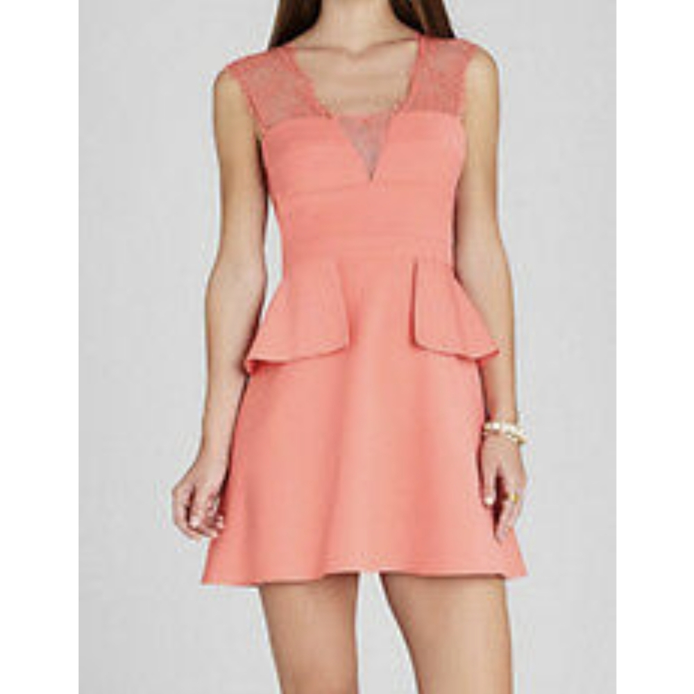 BCBG PINK CORAL "LEEANN" PEPLUM LACE V NECK SLEEVELESS DRESS